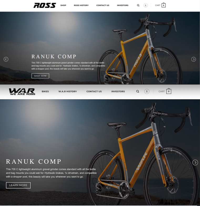 Rossbikes.com as it appeared earlier this year (top) and this week (bottom).