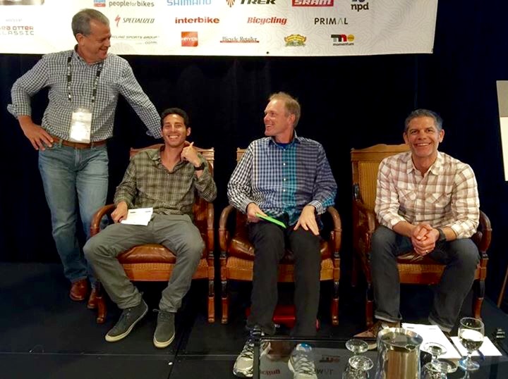 Moderator Pat Hus (left), and panelists (L-R) Michael Fishman of Pure Cycles, Erik Saltvold of Erik's Bike and Board, and Columbia Sportswear's Russ Hopcus, all showed up in plaid for Thursday's omnichannel panel discussion.