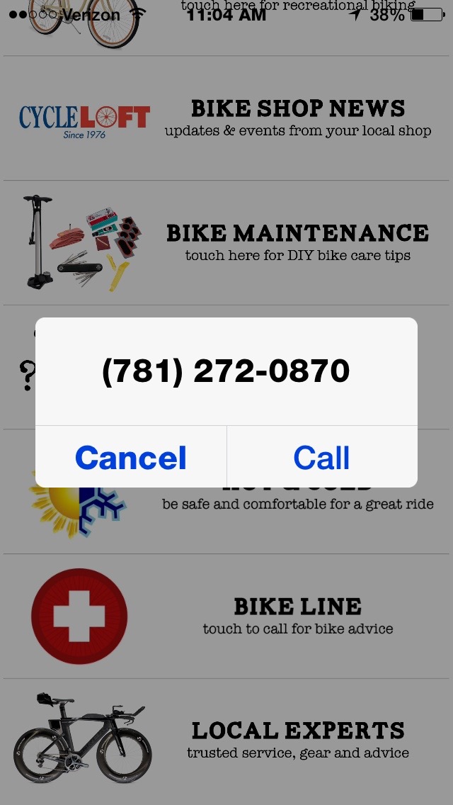 The 'Bike Line' link brings up Cycle Loft's phone number.