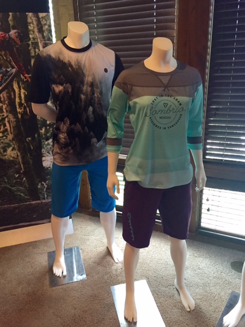 Sombrio showed the tree-print men's Renegade jersey and Badass short, which is new for 2017, (left) and the women's Noble jersey and best-selling Val short.