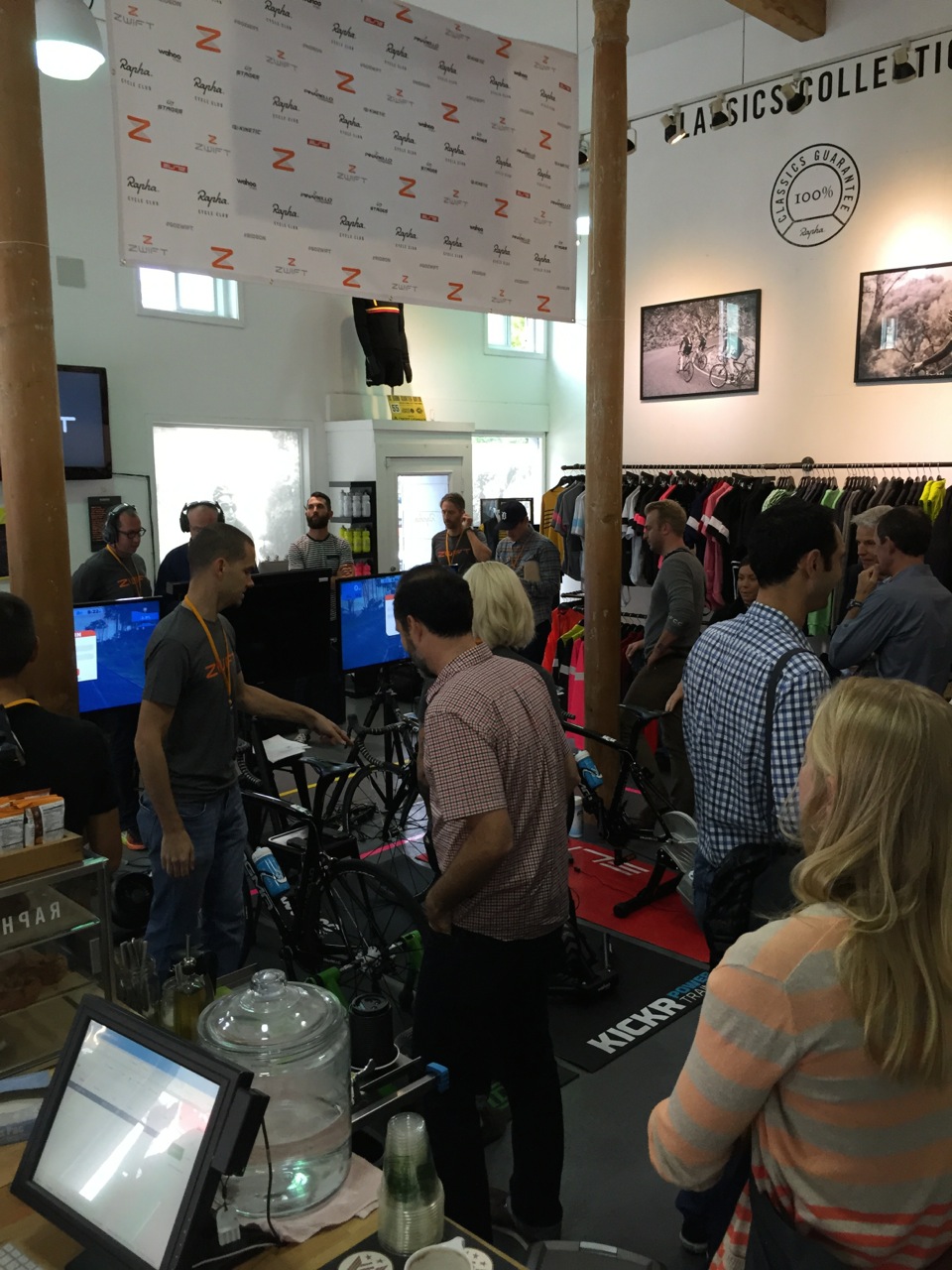 Cycling and non-endemic media packed into the Rapha Cycle Club store for the Zwift launch.