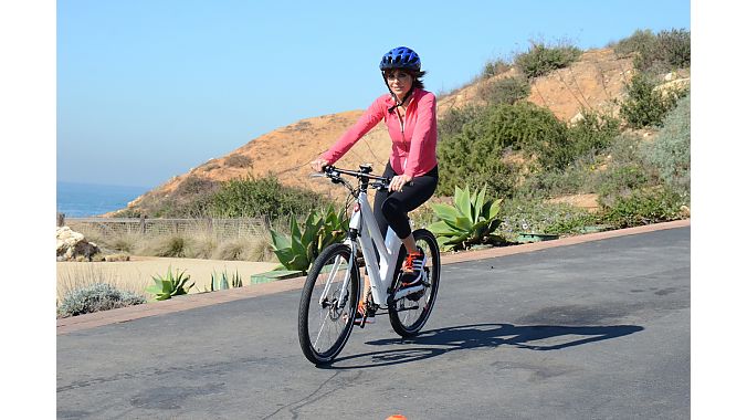 Lisa Rinna tests an e-bike. Photo: Gary Newkirk