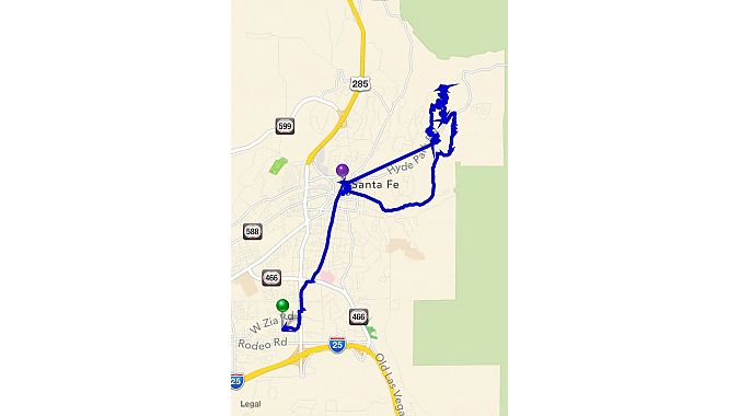 The map of a ride as shown on a phone after a ride is completed. Notice the markers for where photos were taken. On this ride, I mistakenly had the GPS turned off on my phone, so the mapping is imprecise. The map of a ride as shown on a phone after a ride is completed. Notice the markers for where photos were taken. On this ride, I mistakenly had the GPS turned off on my phone, so the mapping is imprecise.