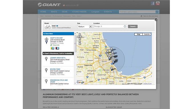 In this screen cap from Giant’s website, availability for the company’s popular Defy 5 road bike in a specific color combination is shown for dealers in the Chicago area, both in-store and in-warehouse. In this screen cap from Giant’s website, availability for the company’s popular Defy 5 road bike in a specific color combination is shown for dealers in the Chicago area, both in-store and in-warehouse.