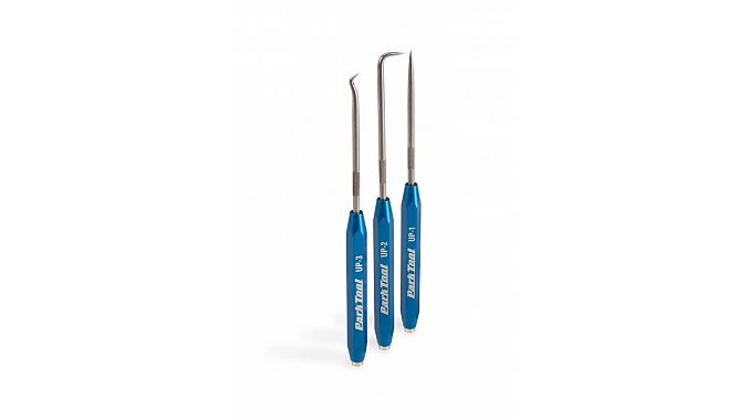 Photo: A set includes one straight, one hook and one 90-degree pick. MSRP for the set is $29.99. The Park Tool model number is UP-SET. 