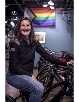 Beth Leibo, GM of University Bicycles. The Pride flag arrived before she did.