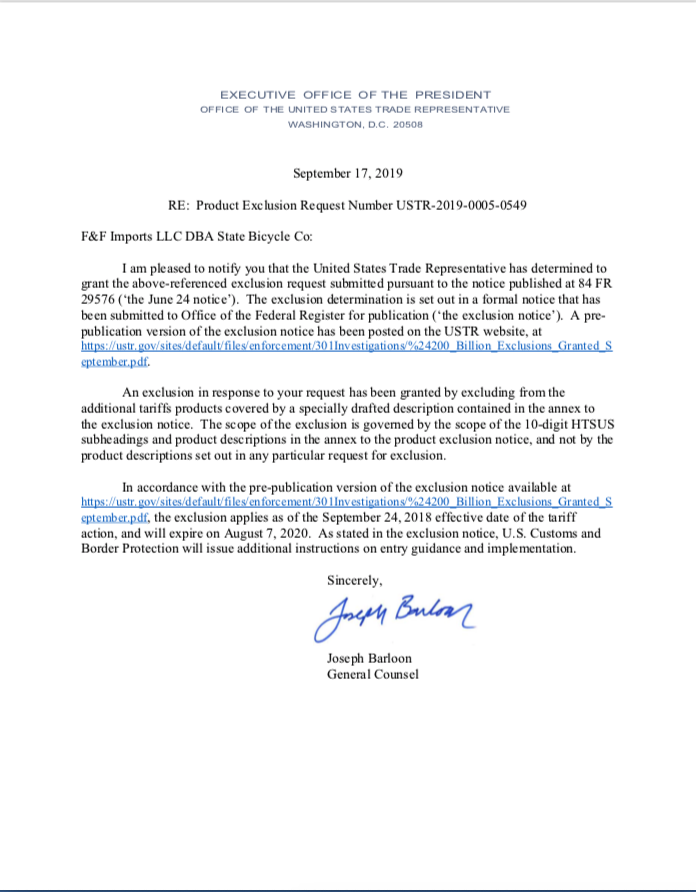 State Bicycle's letter announcing tariff exclusion. State Bicycle's letter announcing tariff exclusion.