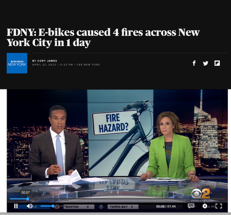 The headline and image say "e-bike," but the fire was caused by e-scooters. 