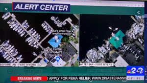 A screen shot of a news report showing the location of Fort Myers Pedego, before and after the storm