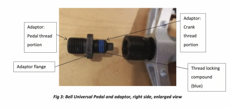 Photo of the Bell Universal pedal adapter and spindle, from a court filing.
