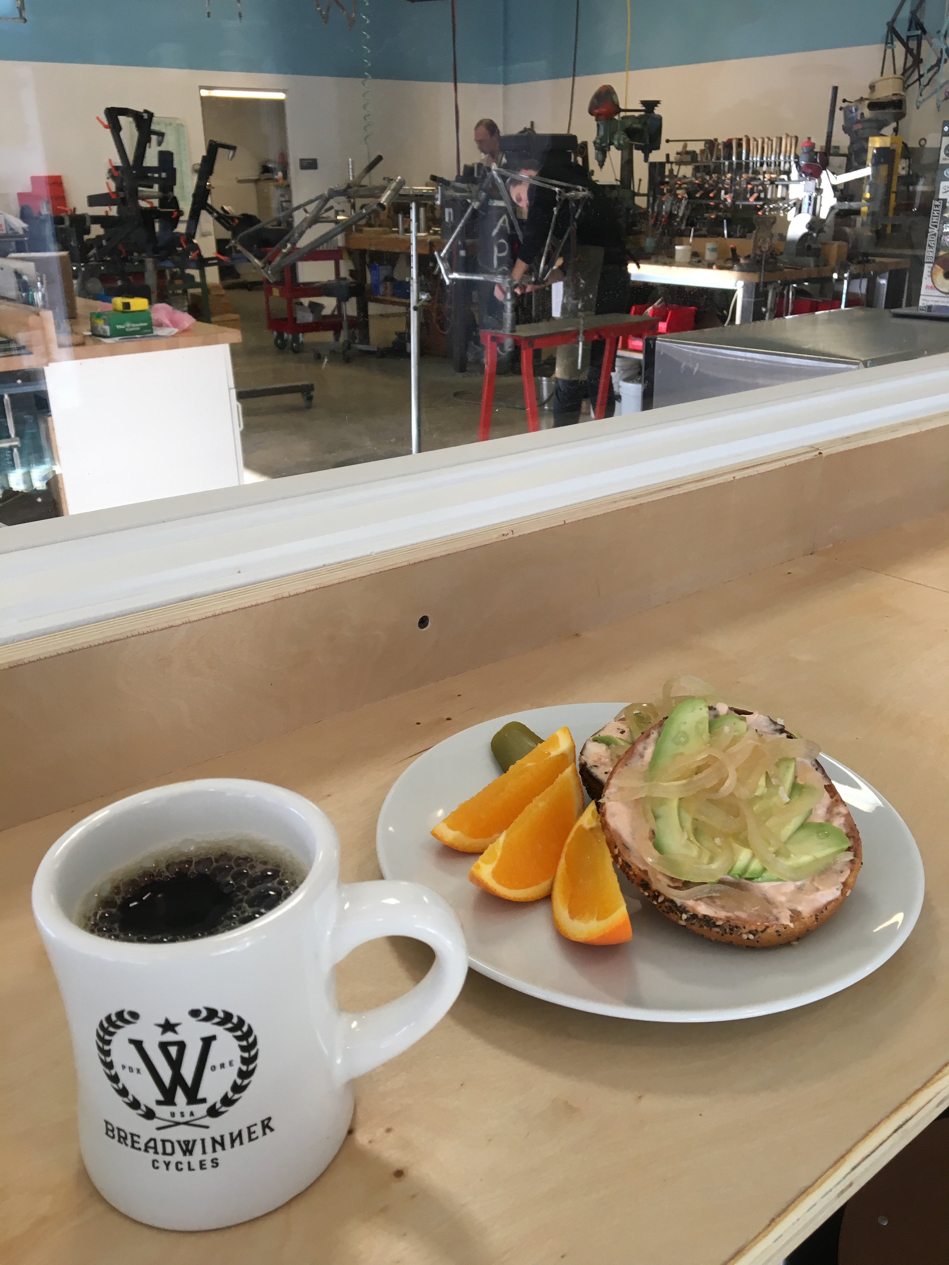 The cafe serves a customer Breadwinner blend from Water Avenue Roasters, as well as sandwiches, customizable bagels and toasts, other baked goods, beer and wine.