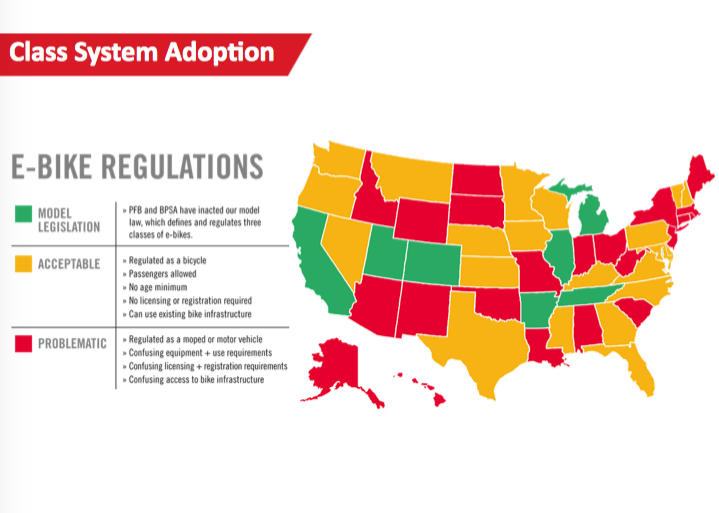 Photo: A map showing the states with three-class e-bike legislation for pavement bikes on the books. So far seven states have passed e-bike bills, and several others are close.