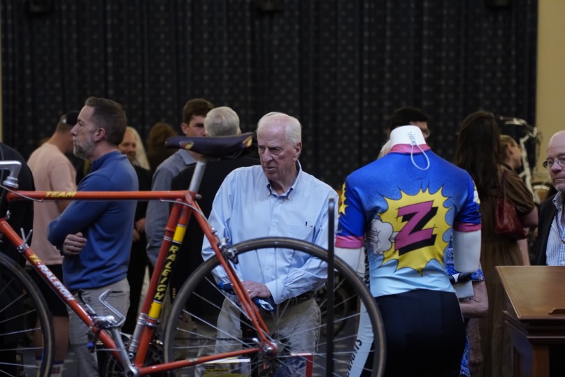 Rep. Thompson examines LeMond's Raleigh Ti. Courtesy of PeopleForBikes