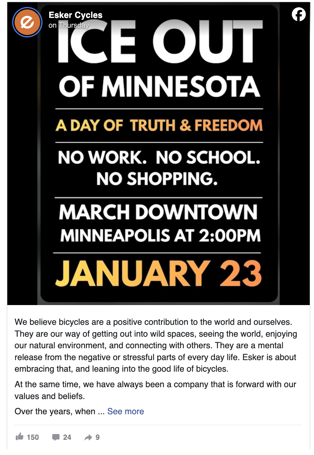 Screenshot of Esker Bikes Facebook post.