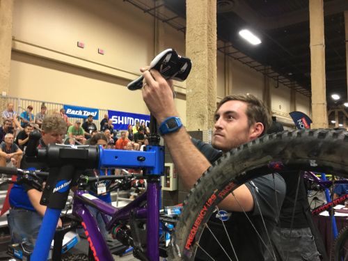A contestant in the Mechanics Challenge at Interbike 2016.