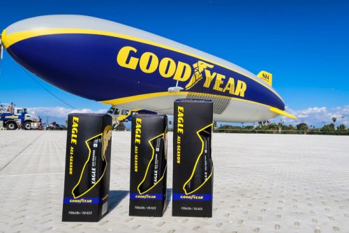 Goodyear introduced its bike tires at its air ship facility in California.