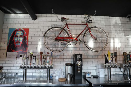 The bar at VeloGarage and Tap Room. 