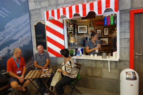 Specialized's 2013 Eurobike booth featured a Swiss-style coffee hut.