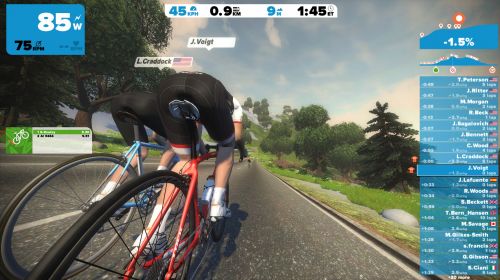 Retired pro Jens Voigt battles with Lawson Craddock on Zwift.
