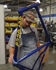Steven Breault inspects a new Serotta frame on Wednesday. Photo courtesy Serotta.
