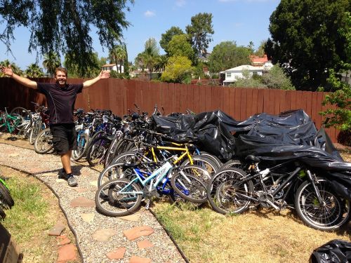 Mike Simmons with donated bikes bound for Africa.