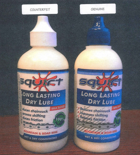 Counterfeit (left) and real Squirt Lube.