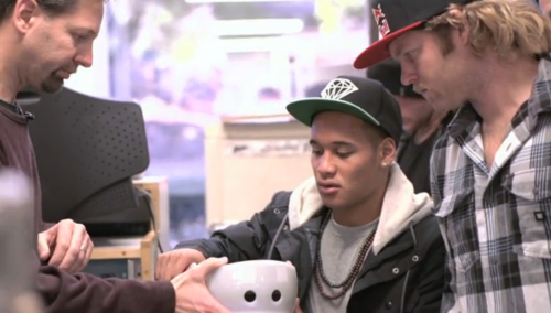 A scene from the ARF video as pro riders visit a helmet test lab