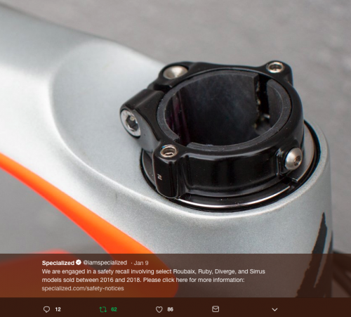 Specialized announced its recall on Twitter.