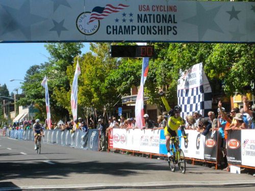 Bill Watkins crosses the finish line to win the 2011 USA Cycling Masters Road Nationals Criterium Championship in Bend, Oregon, riding a Serotta.