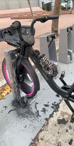 This Lyft e-bike caught fire in July. Photo courtesy Zach Rutta.