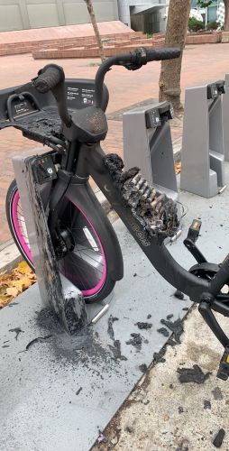 This Lyft e-bike caught fire Saturday. Photo courtesy Zach Rutta.