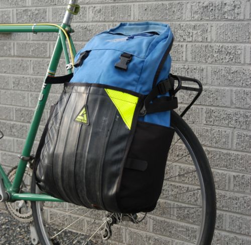 The pannier shown with a backpack inside the large pouch.