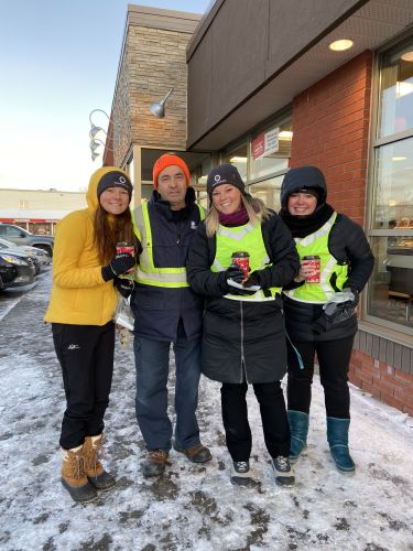 Garneau employees distributed Don't text and drive wristbands at Tim Hortons. 