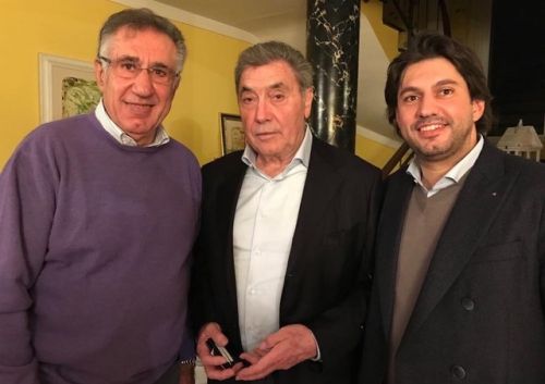 (l to r): Celestino Vercelli, Eddy Merckx, Edoardo Vercelli.