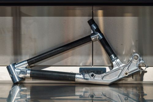 A lugged DH prototype photograhed during a Pinkbike visit in June 2024. 