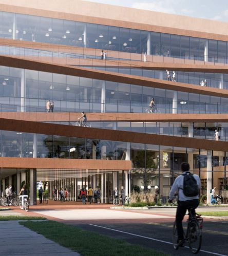 The Ledger building features external bike ramps up to the sixth floor. 