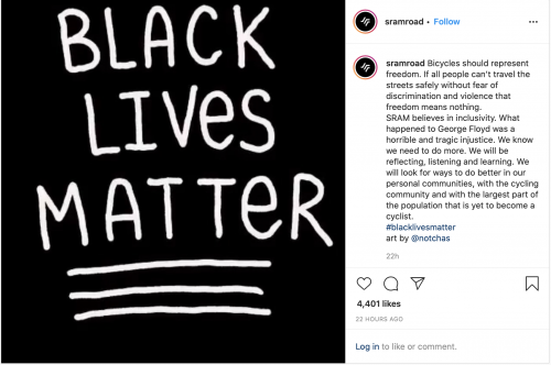 SRAM was among the bike brands showing support for Black Lives Matter online.