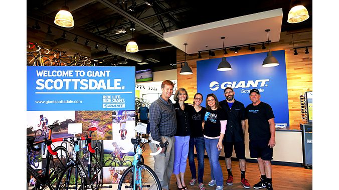 From left: Giant Scottsdale owner Rick Marquis, manager Cindy Lacotta, assistant manager Claire Moty, sales staffer April Vanderford, service manager Jeff Nunno and sales staffer/mechanic Wade Risinger celebrated the store’s grand opening Jan. 25-26.