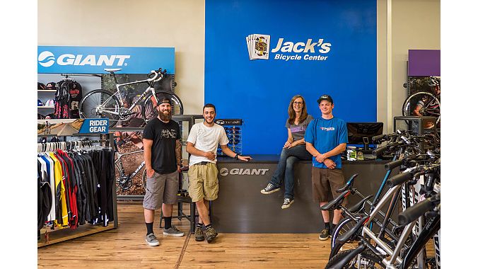 The Jack’s Bicycle Center Team: Left to right, Corey Seachris, Mich Shearer, owner Rhonda Van Nus and Ryan Askey