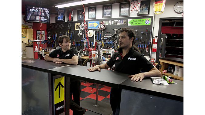 Former pro road racers Todd Herriott (left) and David Richter opened Herriott Sports Performance five years ago to bring bike fitting, training and a pro retail shop under one roof. A recent expansion has afforded HSP a much larger retail space, which includes an open-air service area that has become a focal point. Fitting, coaching and training happen next door in the studio, which includes spin classes, medicine ball training, and conditioning using the Norwegian Red Cord core strengthe