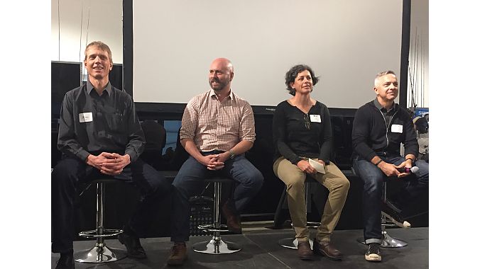 A panel discussed trail access, education and policy for electric mountain bikes at the BPSA PeopleForBikes E-Bike Summit held last Friday at Shimano's headquarters in Irvine. From left: IMBA's Dave Wiens, Haibike USA's Ken Miner, PFB's Leslie Kehmeier and Trek's John Riley.