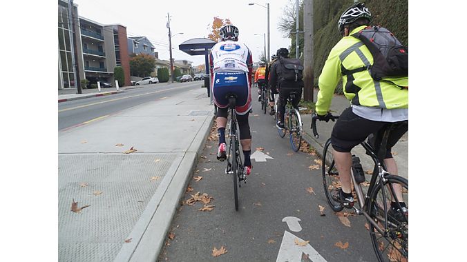 Wheeling down a section of protected bike lane on Day 2 of our Seattle Dealer Tour