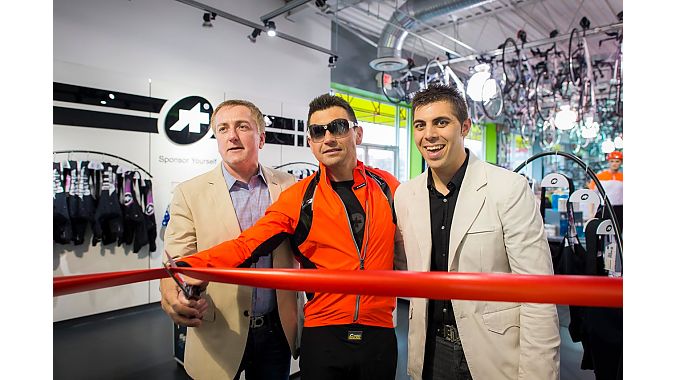 Fresh Bikes ProShop ribbon cutting (L to R: Scott Mcahren, store owner; Andrea Zamboni, Assos model; Jason Walder, Fresh Bike GM.)