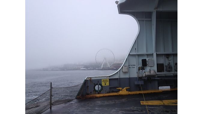 It was a damp and foggy departure from Seattle on the ferry to Bainbridge Island.