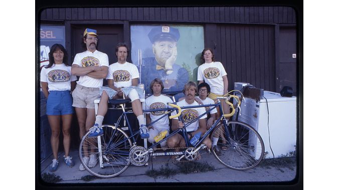 Tom (second from right) helped support a transcontinental tandem record attempt in 1979. Otis Guy and Joe Breeze were the cyclists. Photo by Wende Cragg.