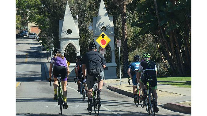 Tour riders crossed the Gothic-style Shakespeare Bridge in Los Angeles’ Franklin Hills section. Built in 1926, the bridge was designated a Los Angeles Historical-Cultural Monument in 1974.