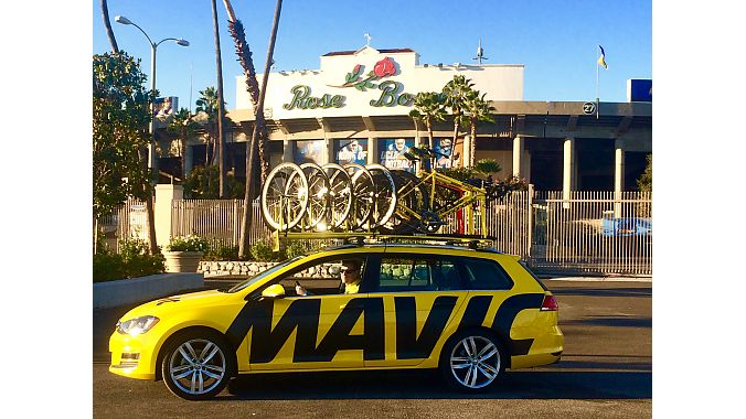 The Mavic neutral support car takes a break in front of the Rose Bowl in Pasadena, where road riders pedal hot laps around the stadium on Tuesday nights.