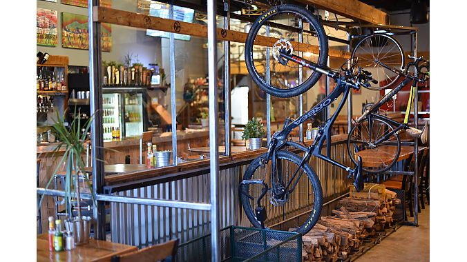 The HandleBar Café and Bike Shop has indoor bike parking. Marla Streb's husband, Mark Fitzgerald, did much of the build out and custom work.