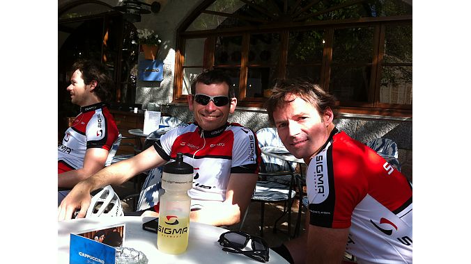 Sigma USA managing director Brian Orloff and Competitor Group's Kurt Hoy during a ride break at Valldemossa, a small town in Mallorca.