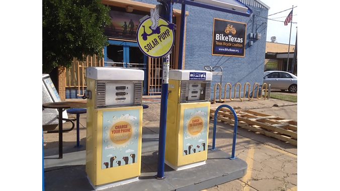 We dropped in mid-morning on the offices of advocacy group Bike Texas, where a free solar charging station for e-bikes and devices welcomes visitors.